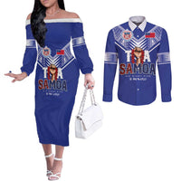Toa Samoa Rugby Couples Matching Off The Shoulder Long Sleeve Dress and Long Sleeve Button Shirt Six Eight Five to The World LT03 Blue - Polynesian Pride