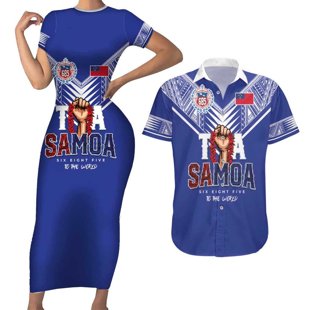 Toa Samoa Rugby Couples Matching Short Sleeve Bodycon Dress and Hawaiian Shirt Six Eight Five to The World LT03 Blue - Polynesian Pride