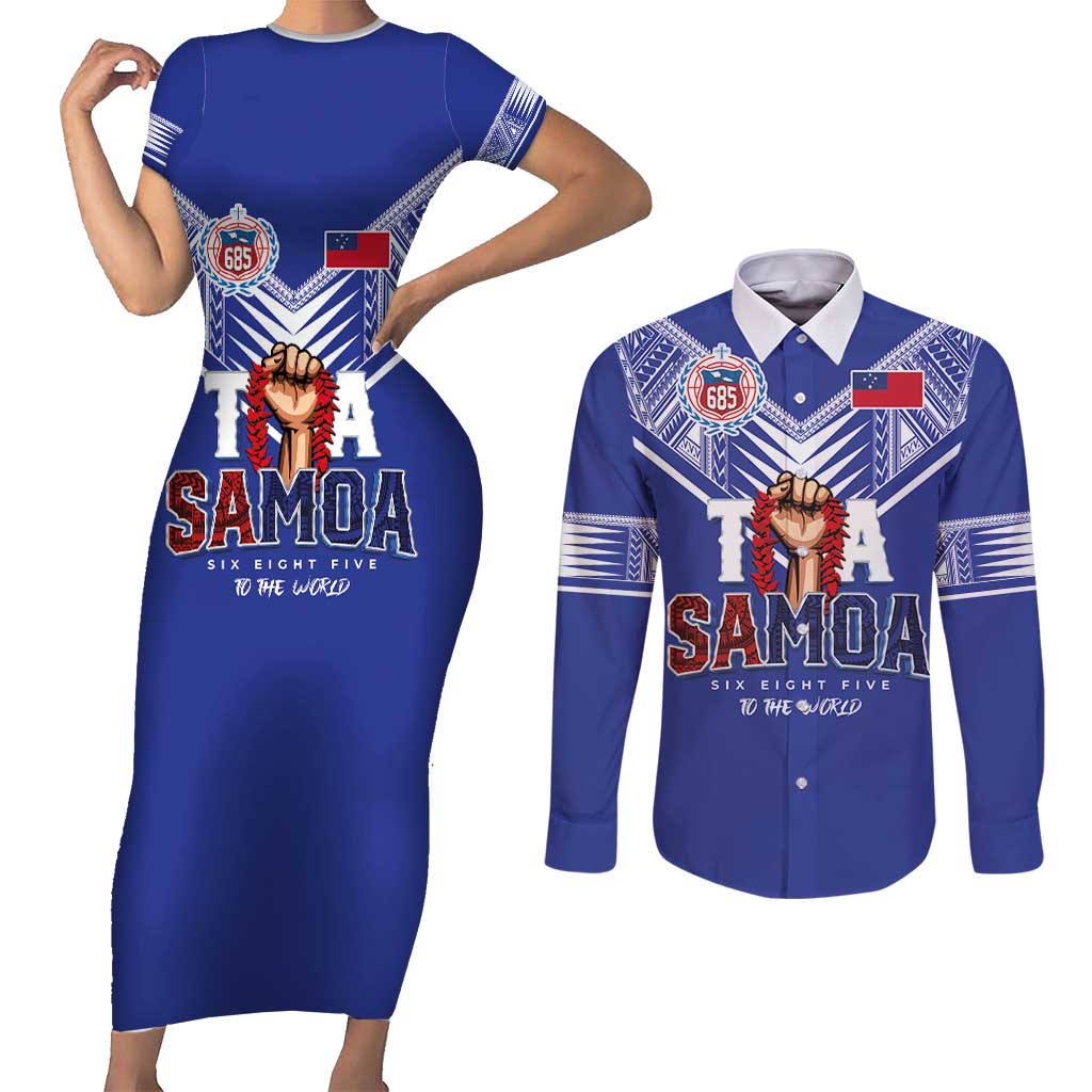 Toa Samoa Rugby Couples Matching Short Sleeve Bodycon Dress and Long Sleeve Button Shirt Six Eight Five to The World LT03 Blue - Polynesian Pride