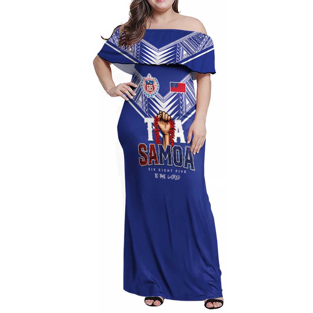 Toa Samoa Rugby Family Matching Off Shoulder Maxi Dress and Hawaiian Shirt Six Eight Five to The World LT03 Mom's Dress Blue - Polynesian Pride