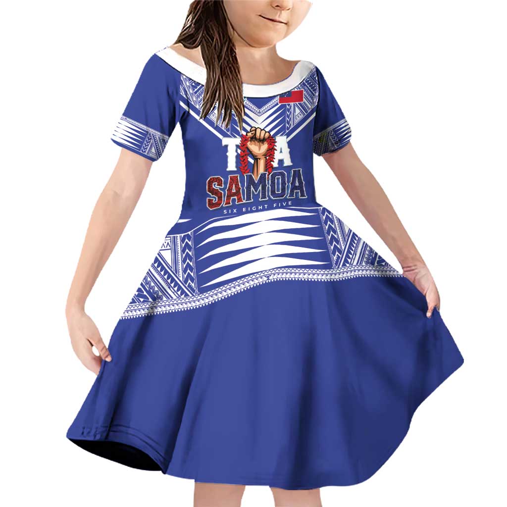 Toa Samoa Rugby Family Matching Off Shoulder Short Dress and Hawaiian Shirt Six Eight Five to The World LT03 Daughter's Dress Blue - Polynesian Pride