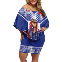 Toa Samoa Rugby Family Matching Off Shoulder Short Dress and Hawaiian Shirt Six Eight Five to The World LT03 Mom's Dress Blue - Polynesian Pride