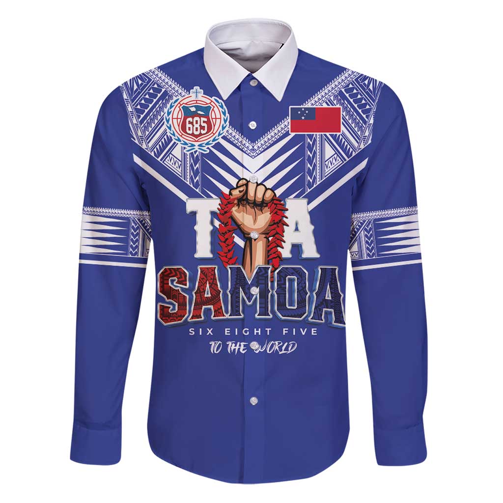 Toa Samoa Rugby Family Matching Puletasi and Hawaiian Shirt Six Eight Five to The World LT03 Dad's Shirt - Long Sleeve Blue - Polynesian Pride