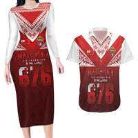 Mate Ma'a Tonga Rugby Couples Matching Long Sleeve Bodycon Dress and Hawaiian Shirt Six Seven Six to The World LT03 Red - Polynesian Pride