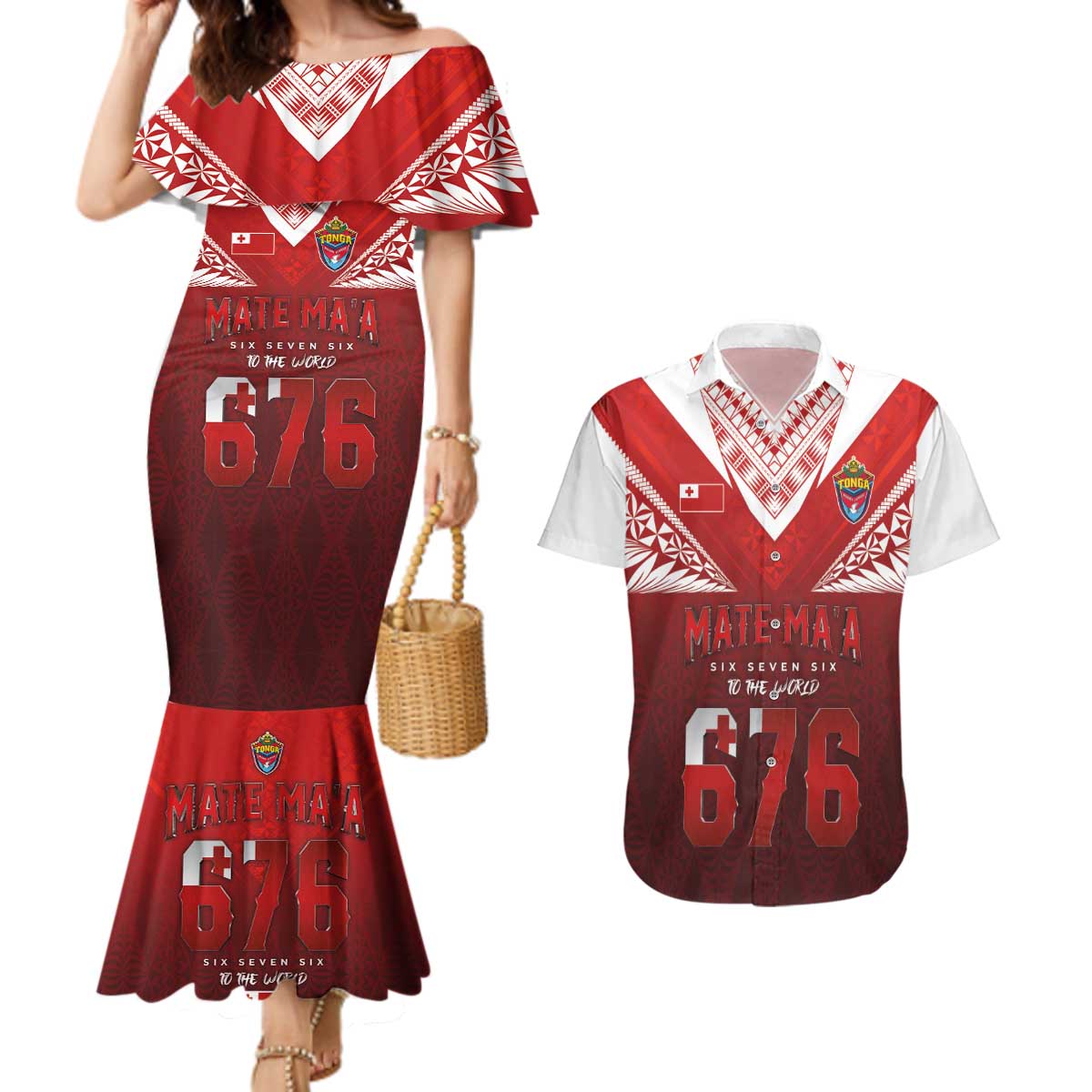 Mate Ma'a Tonga Rugby Couples Matching Mermaid Dress and Hawaiian Shirt Six Seven Six to The World LT03 Red - Polynesian Pride