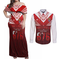Mate Ma'a Tonga Rugby Couples Matching Off Shoulder Maxi Dress and Long Sleeve Button Shirt Six Seven Six to The World LT03 Red - Polynesian Pride