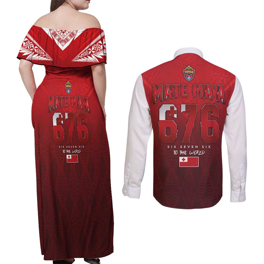 Mate Ma'a Tonga Rugby Couples Matching Off Shoulder Maxi Dress and Long Sleeve Button Shirt Six Seven Six to The World LT03 - Polynesian Pride