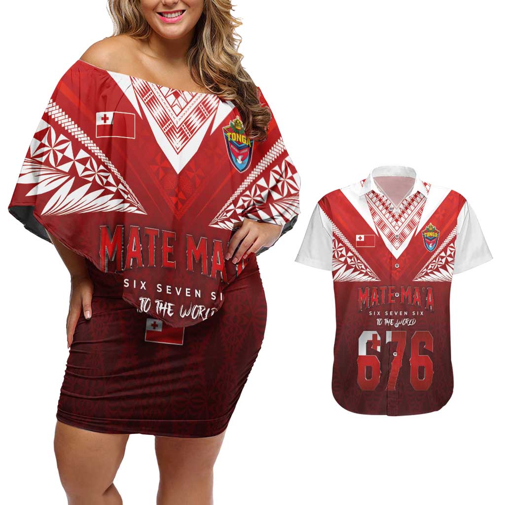 Mate Ma'a Tonga Rugby Couples Matching Off Shoulder Short Dress and Hawaiian Shirt Six Seven Six to The World LT03 Red - Polynesian Pride