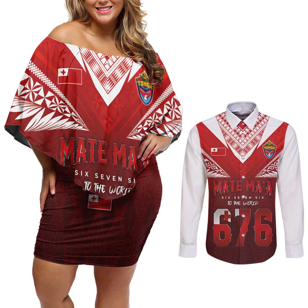 Mate Ma'a Tonga Rugby Couples Matching Off Shoulder Short Dress and Long Sleeve Button Shirt Six Seven Six to The World LT03 Red - Polynesian Pride