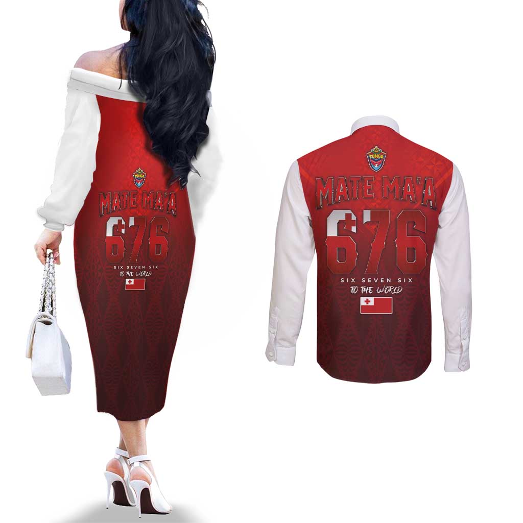 Mate Ma'a Tonga Rugby Couples Matching Off The Shoulder Long Sleeve Dress and Long Sleeve Button Shirt Six Seven Six to The World LT03 - Polynesian Pride