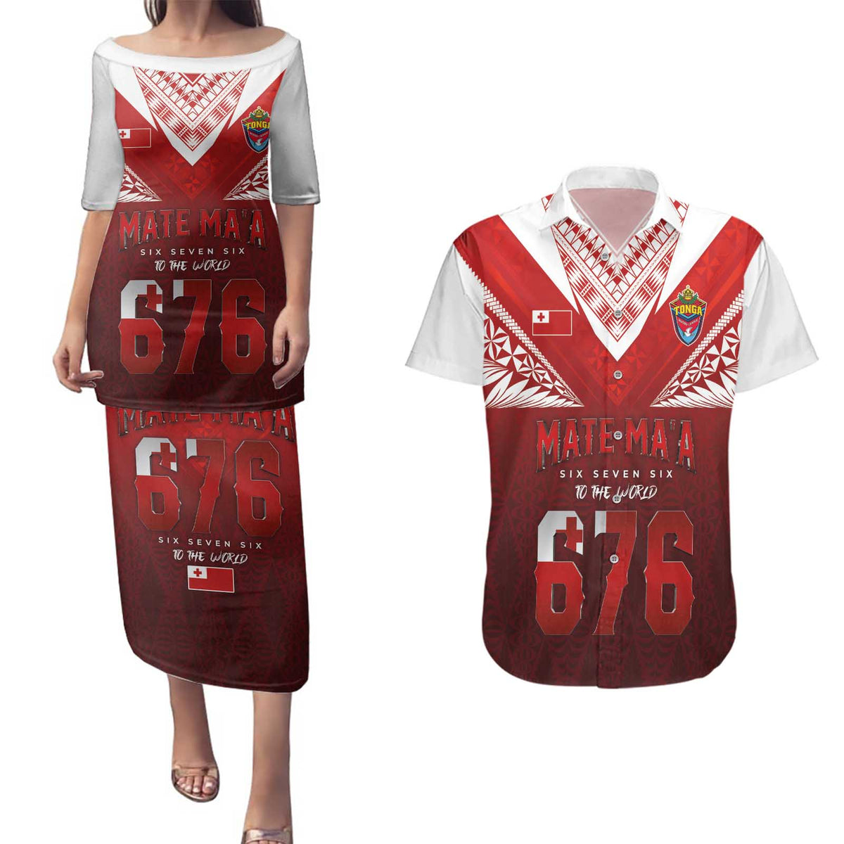 Mate Ma'a Tonga Rugby Couples Matching Puletasi and Hawaiian Shirt Six Seven Six to The World LT03 Red - Polynesian Pride