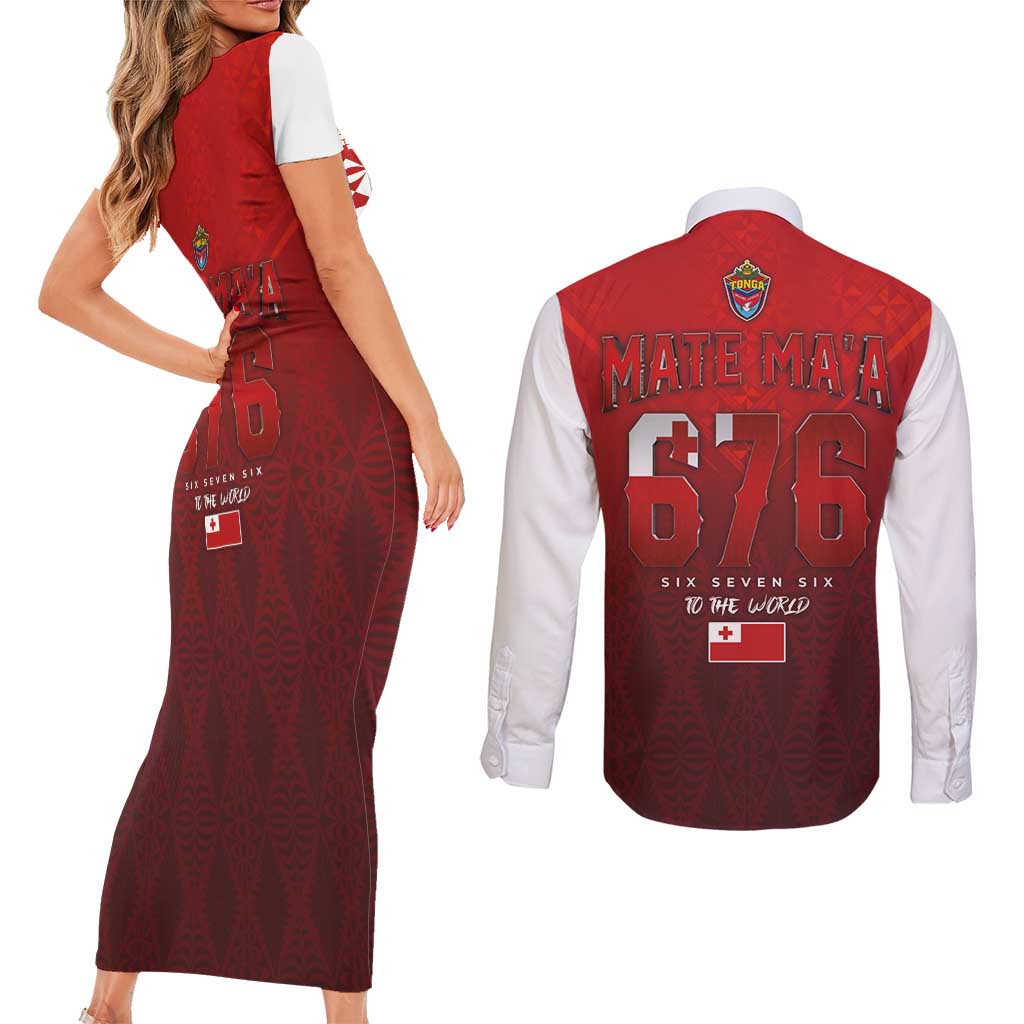 Mate Ma'a Tonga Rugby Couples Matching Short Sleeve Bodycon Dress and Long Sleeve Button Shirt Six Seven Six to The World LT03 - Polynesian Pride
