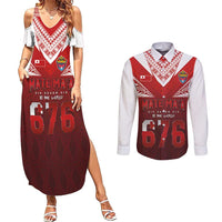 Mate Ma'a Tonga Rugby Couples Matching Summer Maxi Dress and Long Sleeve Button Shirt Six Seven Six to The World LT03 Red - Polynesian Pride