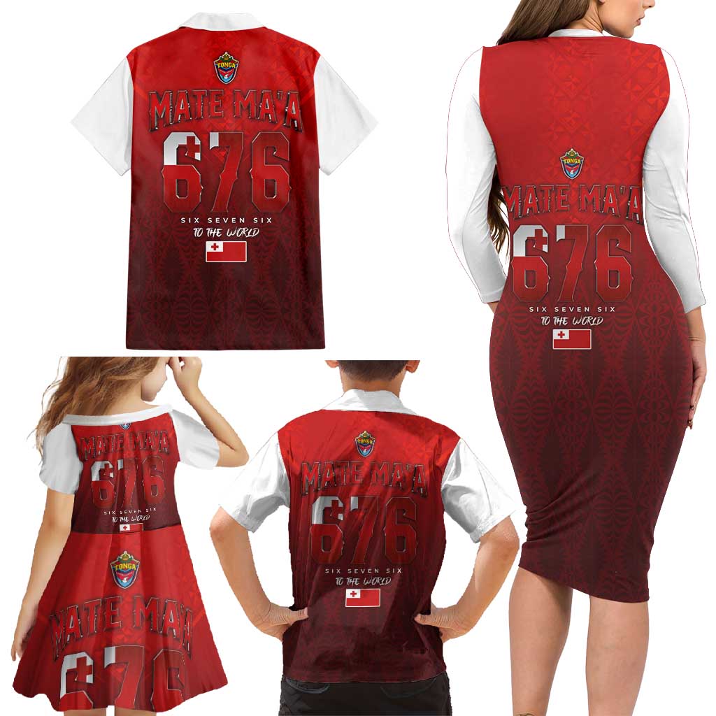 Mate Ma'a Tonga Rugby Family Matching Long Sleeve Bodycon Dress and Hawaiian Shirt Six Seven Six to The World LT03 - Polynesian Pride