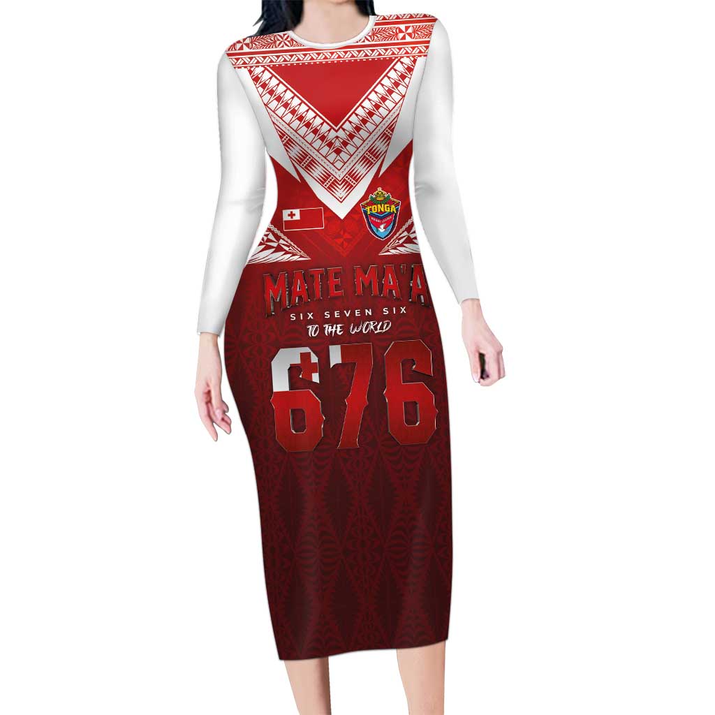 Mate Ma'a Tonga Rugby Family Matching Long Sleeve Bodycon Dress and Hawaiian Shirt Six Seven Six to The World LT03 Mom's Dress Red - Polynesian Pride