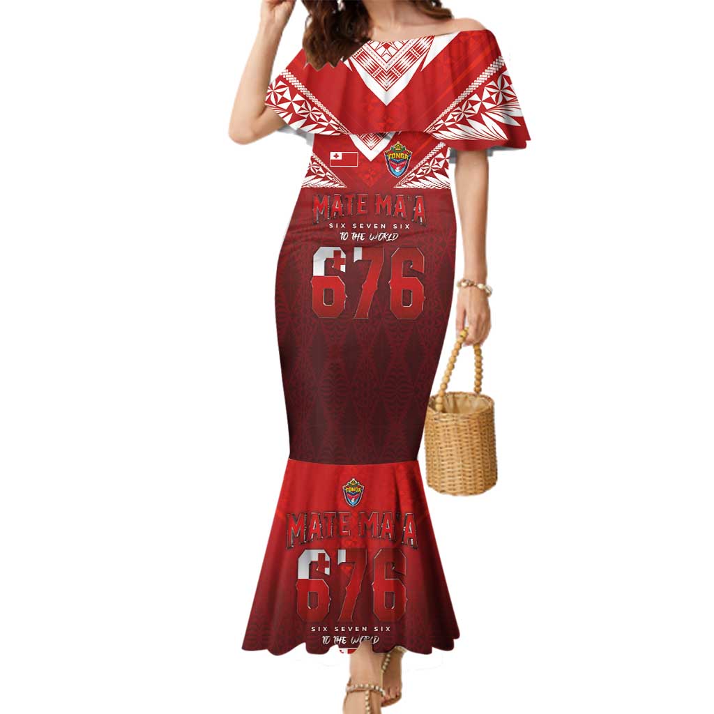 Mate Ma'a Tonga Rugby Family Matching Mermaid Dress and Hawaiian Shirt Six Seven Six to The World LT03 Mom's Dress Red - Polynesian Pride