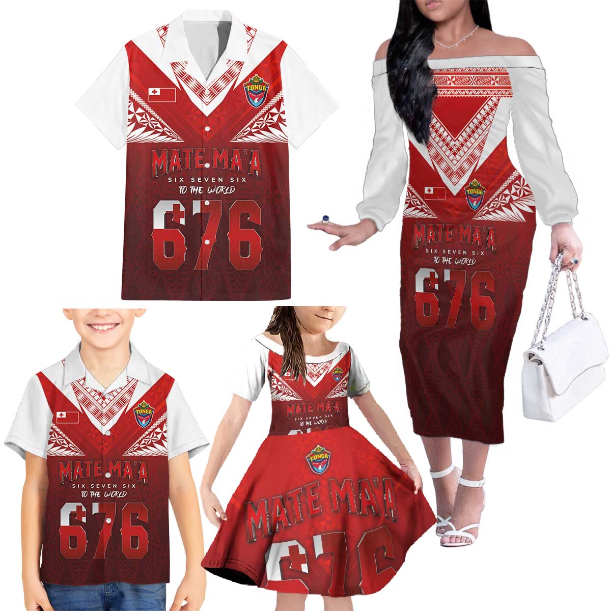 Mate Ma'a Tonga Rugby Family Matching Off The Shoulder Long Sleeve Dress and Hawaiian Shirt Six Seven Six to The World LT03 - Polynesian Pride