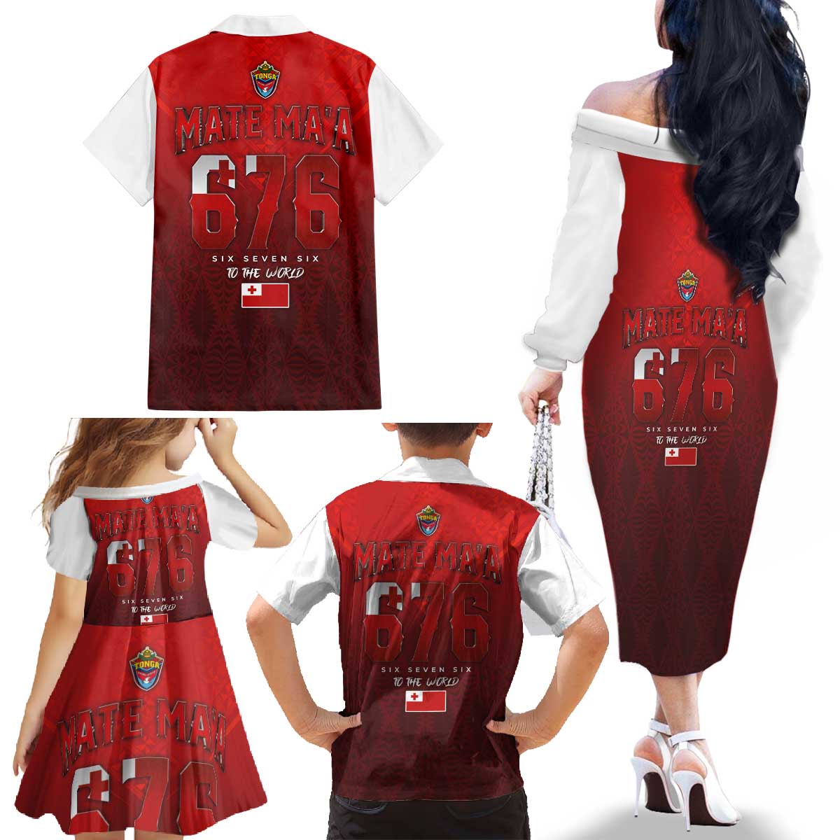 Mate Ma'a Tonga Rugby Family Matching Off The Shoulder Long Sleeve Dress and Hawaiian Shirt Six Seven Six to The World LT03 - Polynesian Pride
