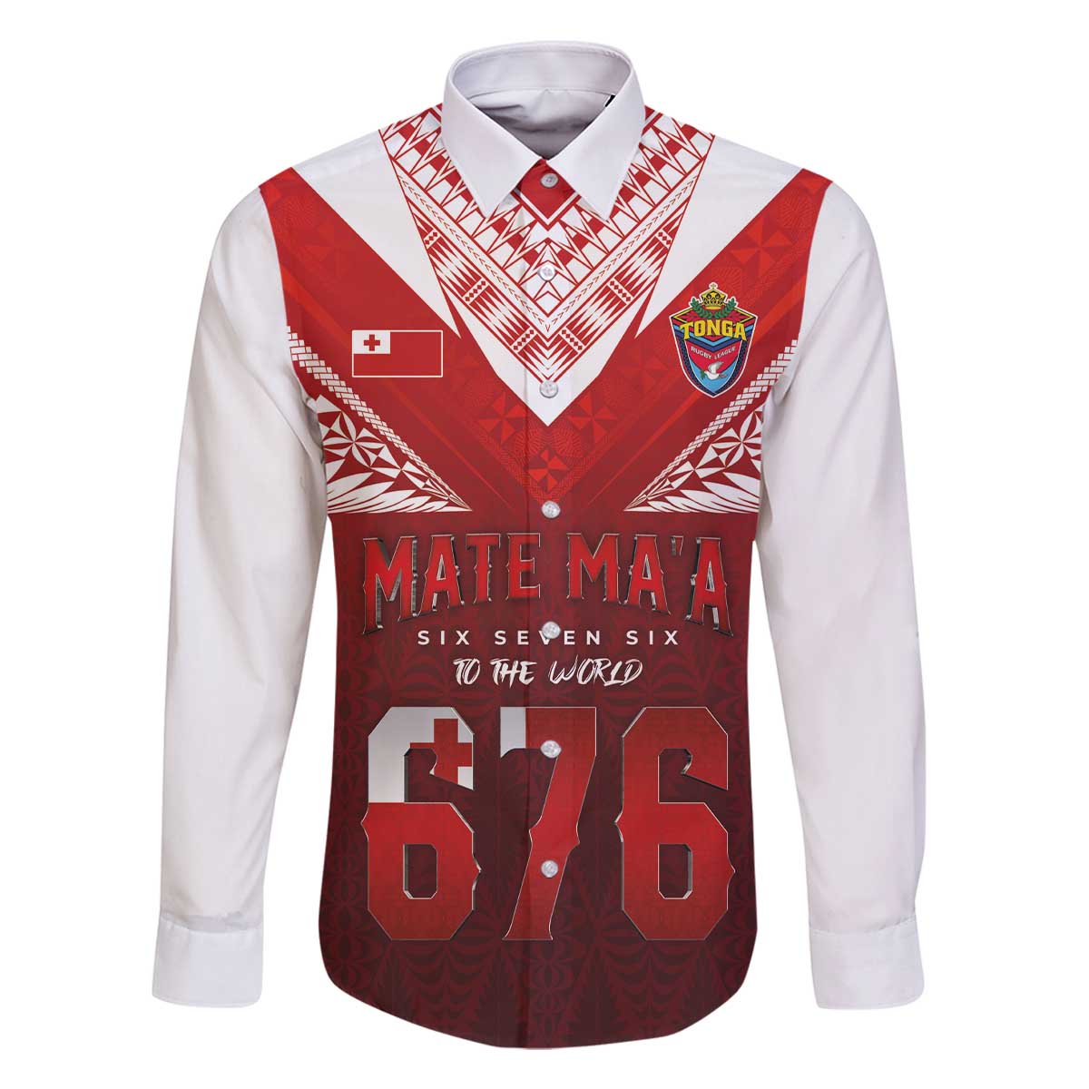Mate Ma'a Tonga Rugby Family Matching Off The Shoulder Long Sleeve Dress and Hawaiian Shirt Six Seven Six to The World LT03 Dad's Shirt - Long Sleeve Red - Polynesian Pride