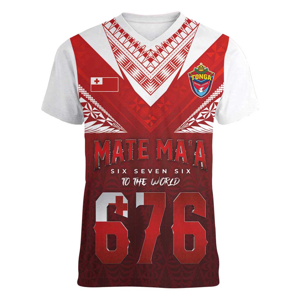 Mate Ma'a Tonga Rugby Women V-Neck T-Shirt Six Seven Six to The World LT03 Female Red - Polynesian Pride