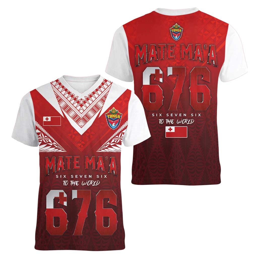 Mate Ma'a Tonga Rugby Women V-Neck T-Shirt Six Seven Six to The World LT03 - Polynesian Pride