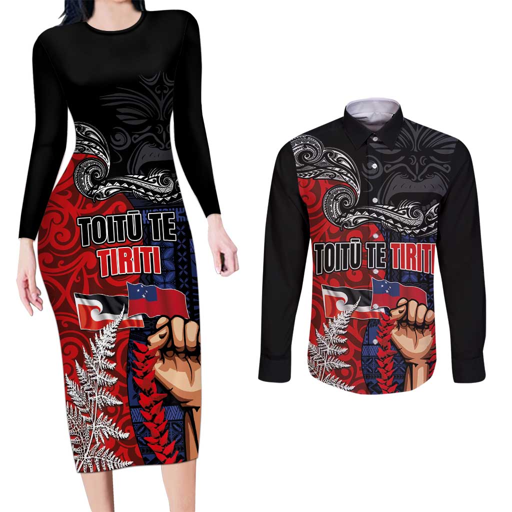 Aotearoa and Samoa Toitu Te Tiriti Couples Matching Long Sleeve Bodycon Dress and Long Sleeve Button Shirt Honour the Treaty - Te Tiriti Is Us LT03 Black - Polynesian Pride