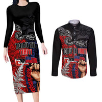 Aotearoa and Samoa Toitu Te Tiriti Couples Matching Long Sleeve Bodycon Dress and Long Sleeve Button Shirt Honour the Treaty - Te Tiriti Is Us LT03 Black - Polynesian Pride