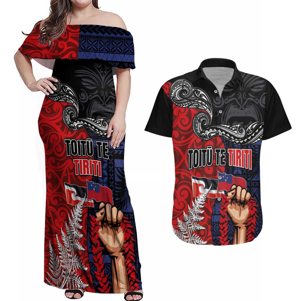 Aotearoa and Samoa Toitu Te Tiriti Couples Matching Off Shoulder Maxi Dress and Hawaiian Shirt Honour the Treaty - Te Tiriti Is Us LT03 Black - Polynesian Pride