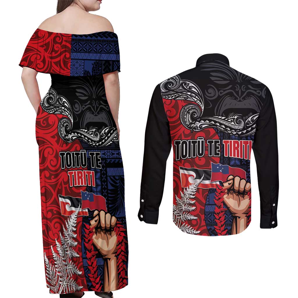 Aotearoa and Samoa Toitu Te Tiriti Couples Matching Off Shoulder Maxi Dress and Long Sleeve Button Shirt Honour the Treaty - Te Tiriti Is Us LT03 - Polynesian Pride