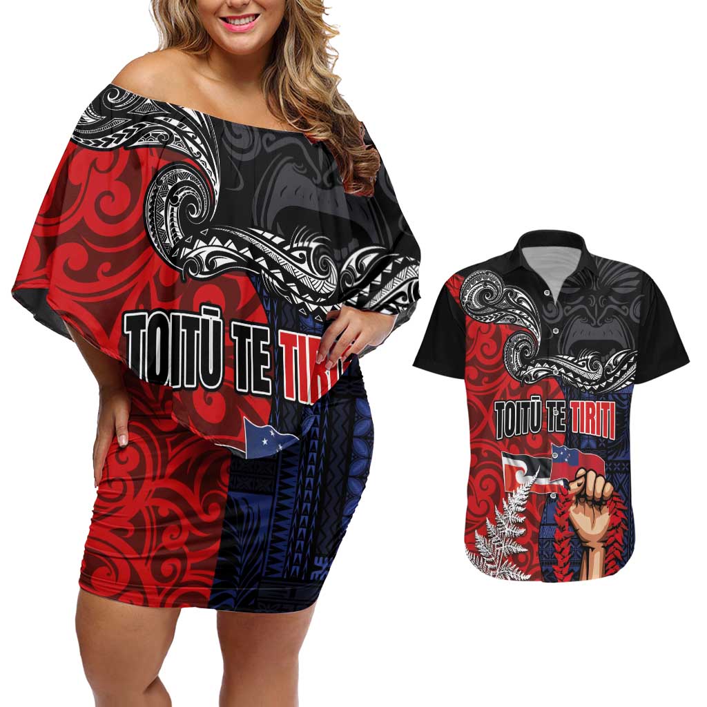 Aotearoa and Samoa Toitu Te Tiriti Couples Matching Off Shoulder Short Dress and Hawaiian Shirt Honour the Treaty - Te Tiriti Is Us LT03 Black - Polynesian Pride