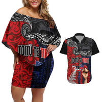 Aotearoa and Samoa Toitu Te Tiriti Couples Matching Off Shoulder Short Dress and Hawaiian Shirt Honour the Treaty - Te Tiriti Is Us LT03 Black - Polynesian Pride