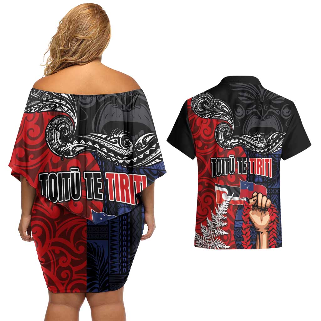 Aotearoa and Samoa Toitu Te Tiriti Couples Matching Off Shoulder Short Dress and Hawaiian Shirt Honour the Treaty - Te Tiriti Is Us LT03 - Polynesian Pride