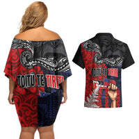 Aotearoa and Samoa Toitu Te Tiriti Couples Matching Off Shoulder Short Dress and Hawaiian Shirt Honour the Treaty - Te Tiriti Is Us LT03 - Polynesian Pride
