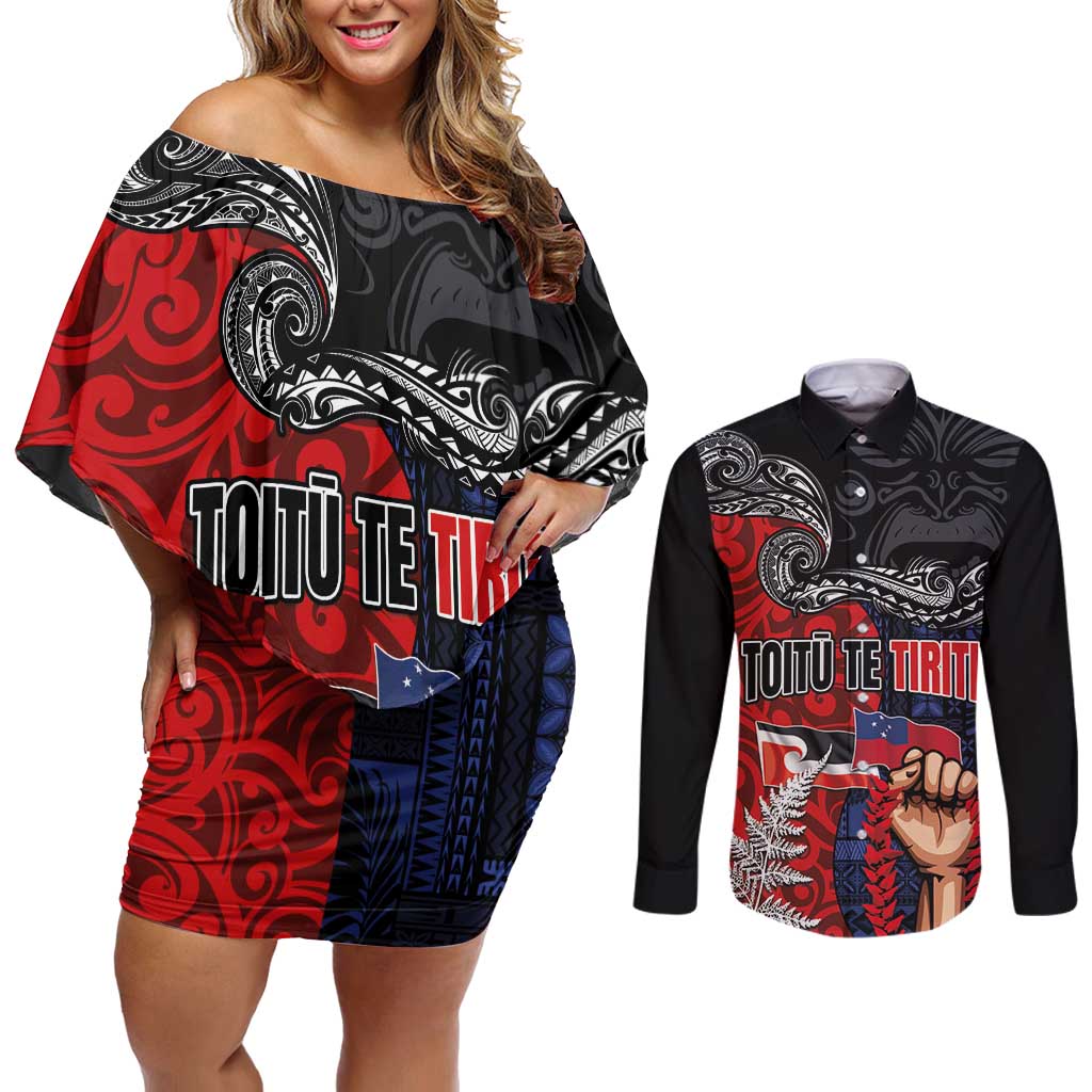 Aotearoa and Samoa Toitu Te Tiriti Couples Matching Off Shoulder Short Dress and Long Sleeve Button Shirt Honour the Treaty - Te Tiriti Is Us LT03 Black - Polynesian Pride
