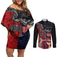 Aotearoa and Samoa Toitu Te Tiriti Couples Matching Off Shoulder Short Dress and Long Sleeve Button Shirt Honour the Treaty - Te Tiriti Is Us LT03 Black - Polynesian Pride