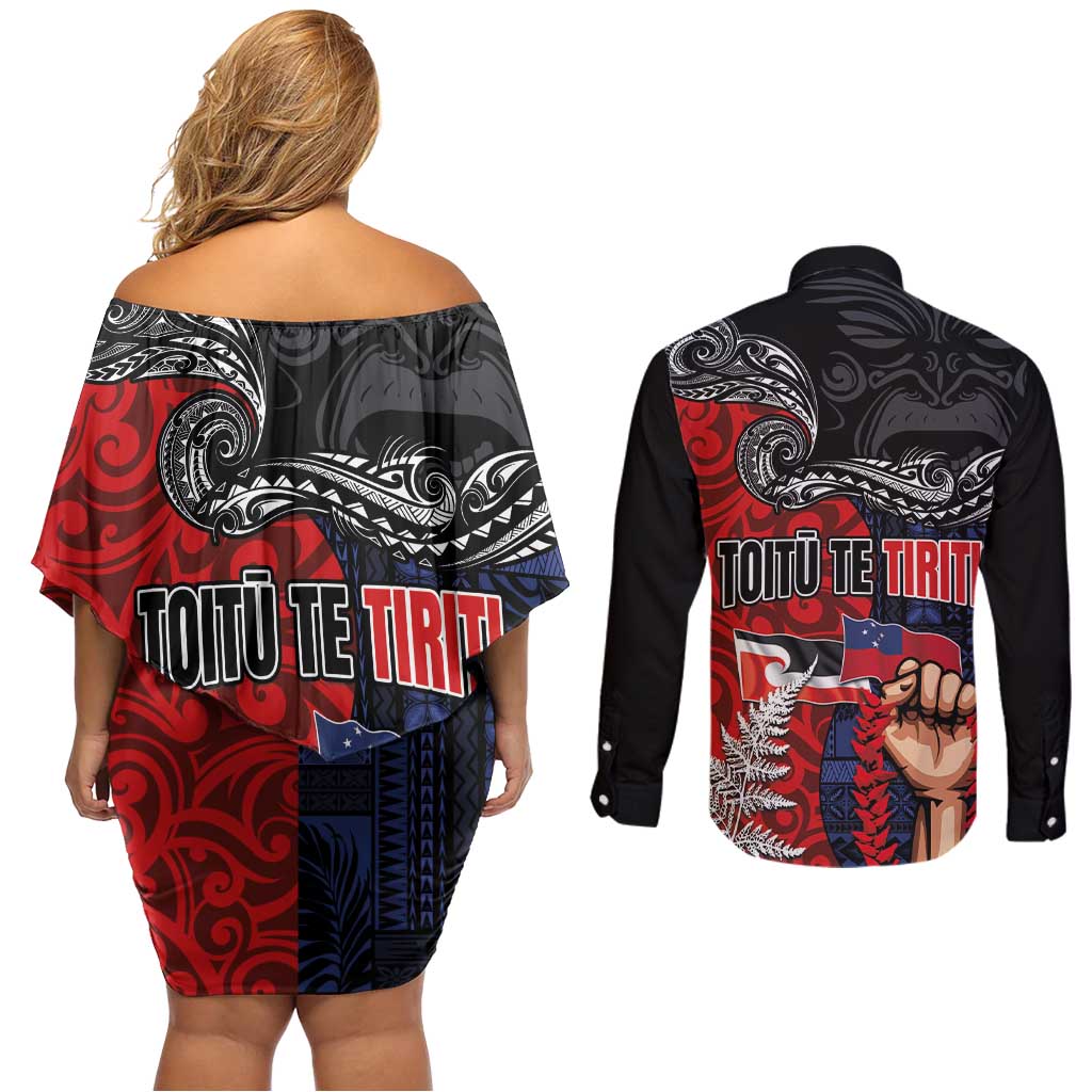 Aotearoa and Samoa Toitu Te Tiriti Couples Matching Off Shoulder Short Dress and Long Sleeve Button Shirt Honour the Treaty - Te Tiriti Is Us LT03 - Polynesian Pride