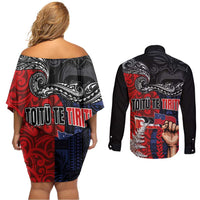 Aotearoa and Samoa Toitu Te Tiriti Couples Matching Off Shoulder Short Dress and Long Sleeve Button Shirt Honour the Treaty - Te Tiriti Is Us LT03 - Polynesian Pride