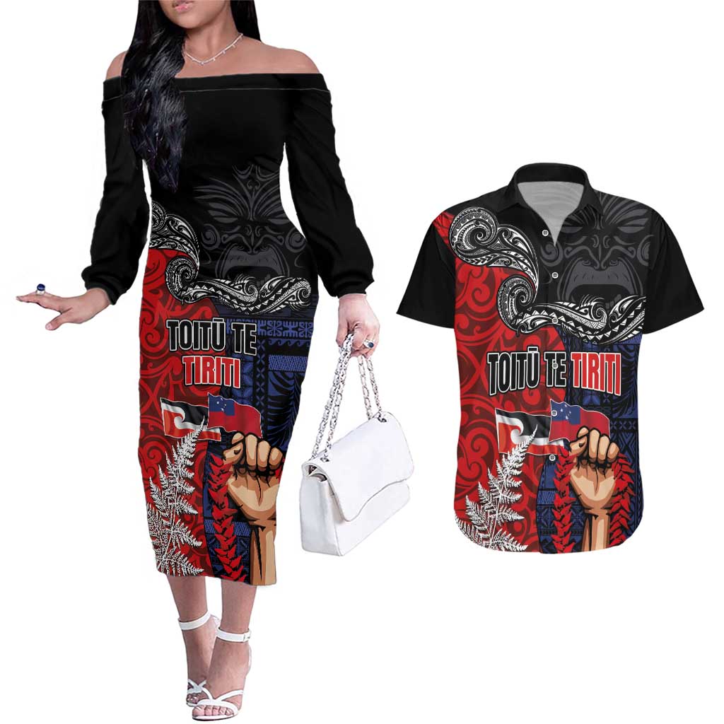 Aotearoa and Samoa Toitu Te Tiriti Couples Matching Off The Shoulder Long Sleeve Dress and Hawaiian Shirt Honour the Treaty - Te Tiriti Is Us LT03 Black - Polynesian Pride