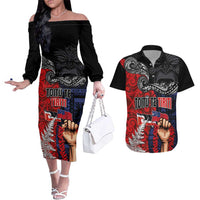 Aotearoa and Samoa Toitu Te Tiriti Couples Matching Off The Shoulder Long Sleeve Dress and Hawaiian Shirt Honour the Treaty - Te Tiriti Is Us LT03 Black - Polynesian Pride