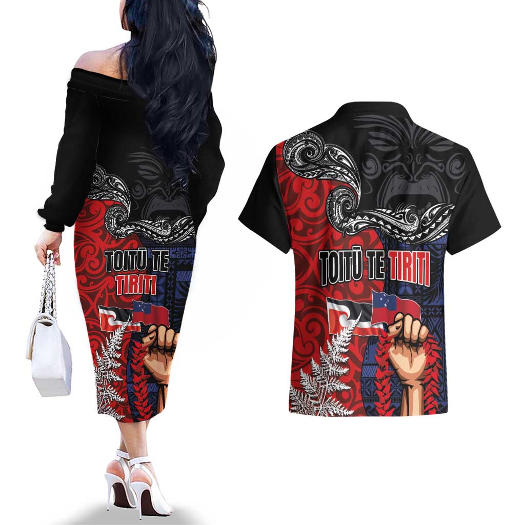 Aotearoa and Samoa Toitu Te Tiriti Couples Matching Off The Shoulder Long Sleeve Dress and Hawaiian Shirt Honour the Treaty - Te Tiriti Is Us LT03 - Polynesian Pride