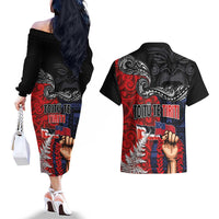 Aotearoa and Samoa Toitu Te Tiriti Couples Matching Off The Shoulder Long Sleeve Dress and Hawaiian Shirt Honour the Treaty - Te Tiriti Is Us LT03 - Polynesian Pride