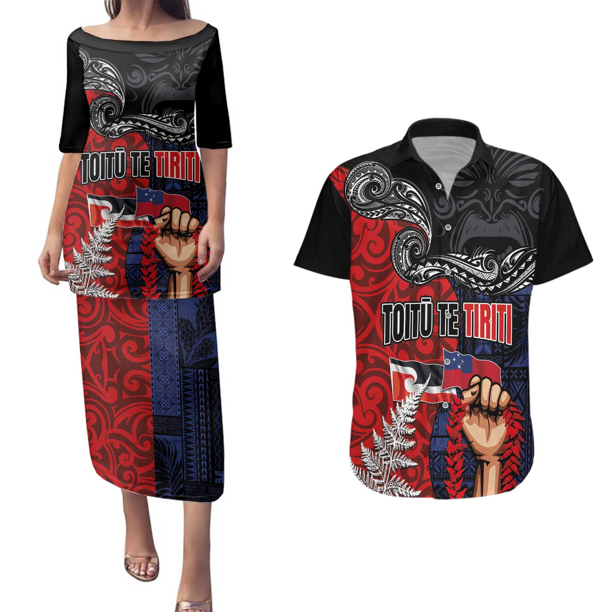 Aotearoa and Samoa Toitu Te Tiriti Couples Matching Puletasi and Hawaiian Shirt Honour the Treaty - Te Tiriti Is Us LT03 Black - Polynesian Pride