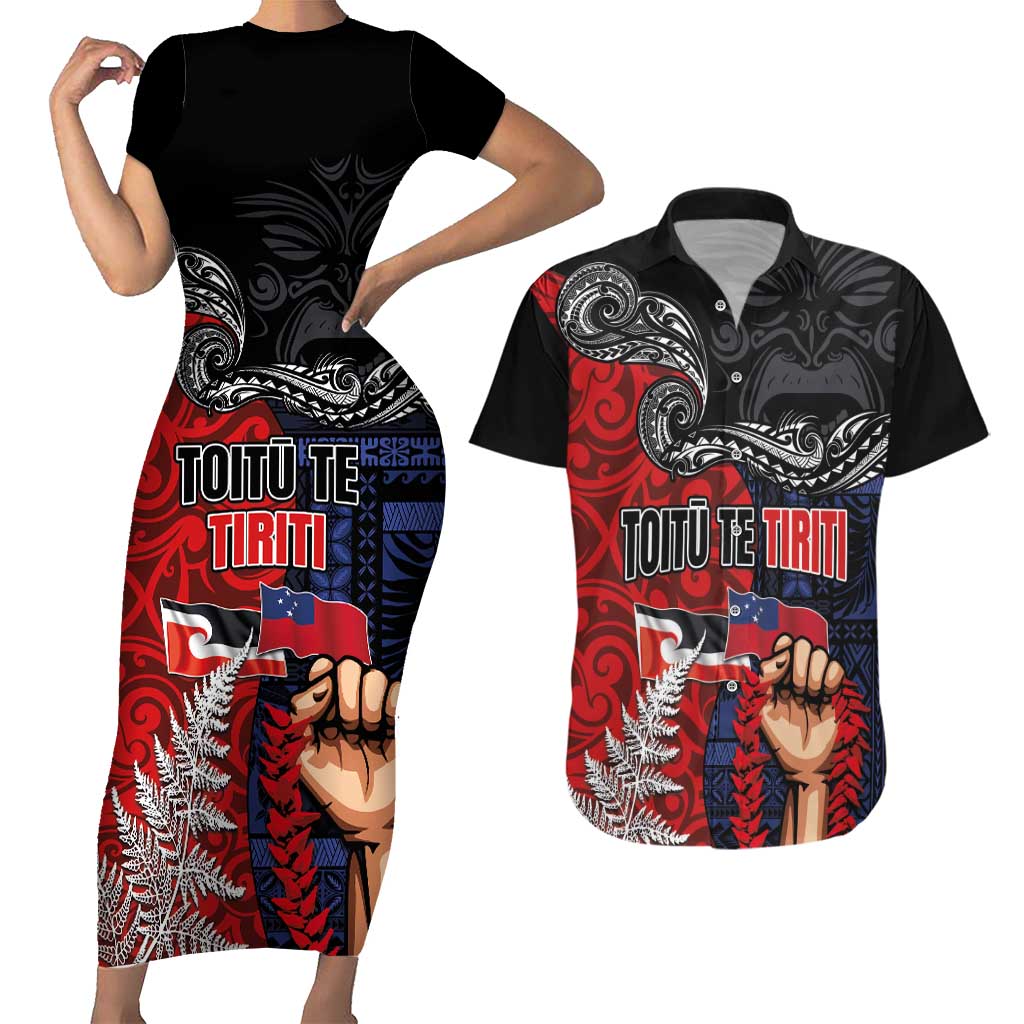 Aotearoa and Samoa Toitu Te Tiriti Couples Matching Short Sleeve Bodycon Dress and Hawaiian Shirt Honour the Treaty - Te Tiriti Is Us LT03 Black - Polynesian Pride
