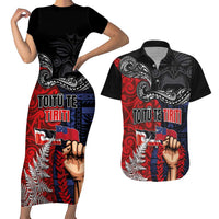Aotearoa and Samoa Toitu Te Tiriti Couples Matching Short Sleeve Bodycon Dress and Hawaiian Shirt Honour the Treaty - Te Tiriti Is Us LT03 Black - Polynesian Pride