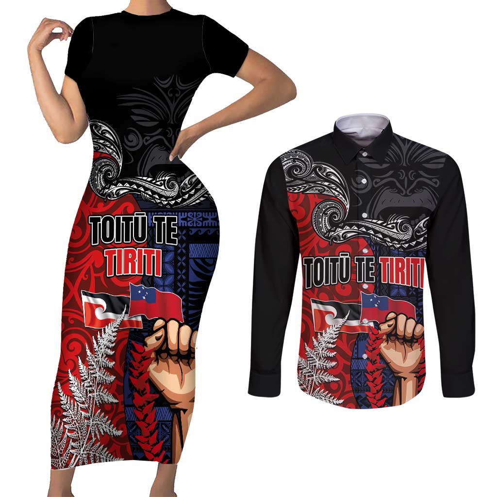 Aotearoa and Samoa Toitu Te Tiriti Couples Matching Short Sleeve Bodycon Dress and Long Sleeve Button Shirt Honour the Treaty - Te Tiriti Is Us LT03 Black - Polynesian Pride