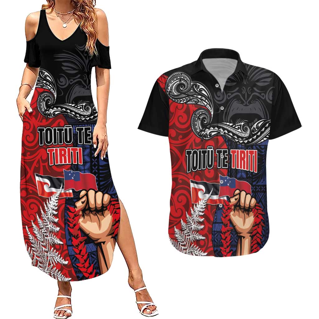 Aotearoa and Samoa Toitu Te Tiriti Couples Matching Summer Maxi Dress and Hawaiian Shirt Honour the Treaty - Te Tiriti Is Us LT03 Black - Polynesian Pride
