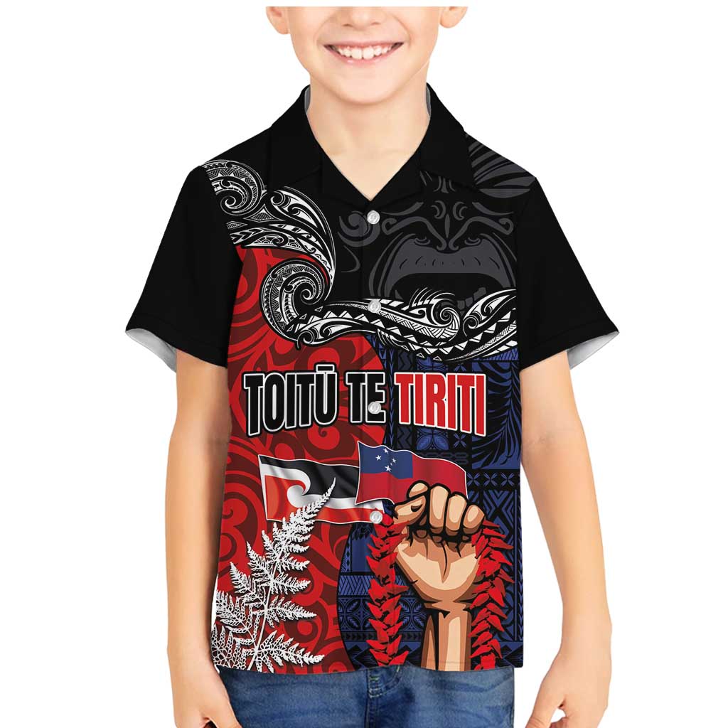 Aotearoa and Samoa Toitu Te Tiriti Family Matching Mermaid Dress and Hawaiian Shirt Honour the Treaty - Te Tiriti Is Us LT03 Son's Shirt Black - Polynesian Pride