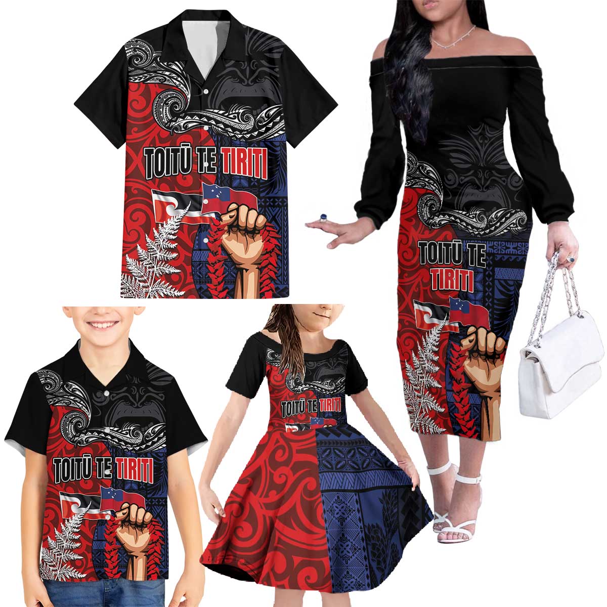 Aotearoa and Samoa Toitu Te Tiriti Family Matching Off The Shoulder Long Sleeve Dress and Hawaiian Shirt Honour the Treaty - Te Tiriti Is Us LT03 - Polynesian Pride