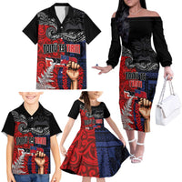 Aotearoa and Samoa Toitu Te Tiriti Family Matching Off The Shoulder Long Sleeve Dress and Hawaiian Shirt Honour the Treaty - Te Tiriti Is Us LT03 - Polynesian Pride