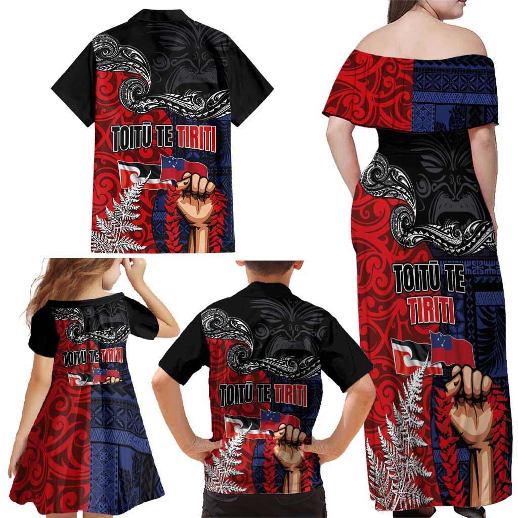 Aotearoa and Samoa Toitu Te Tiriti Family Matching Off Shoulder Maxi Dress and Hawaiian Shirt Honour the Treaty - Te Tiriti Is Us LT03 - Polynesian Pride